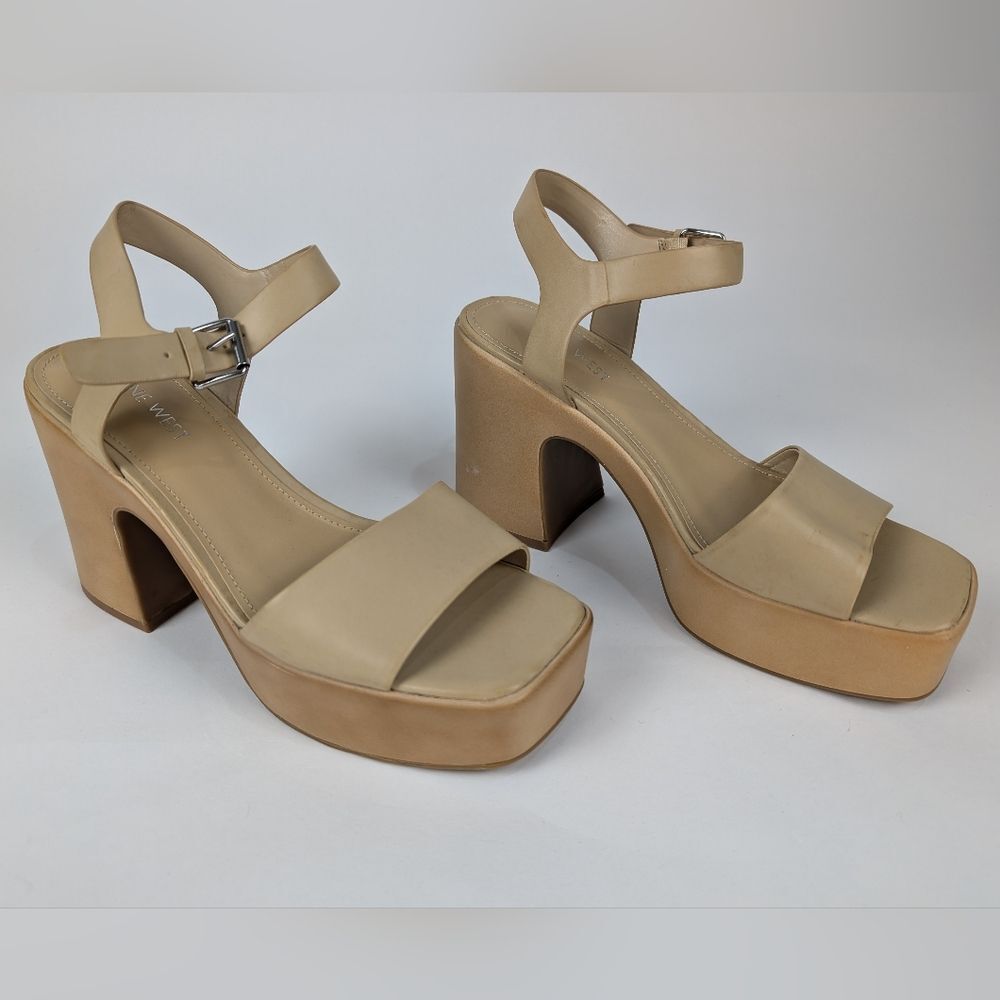 New NINE WEST Openit 9.5  Beige Vegan Platform Sandal Heel Tan Chunky